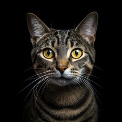 a tabby cat with orange eyes looking up on a black background generative ai