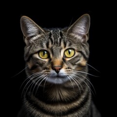 Fototapeta na wymiar a tabby cat with orange eyes looking up on a black background generative ai