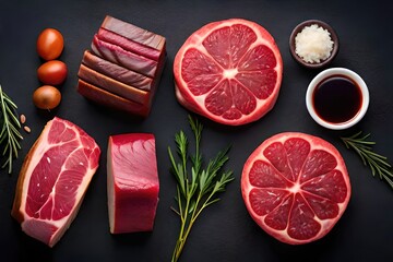 Set of various classic, alternative raw meat, veal beef steaks - Flat lay