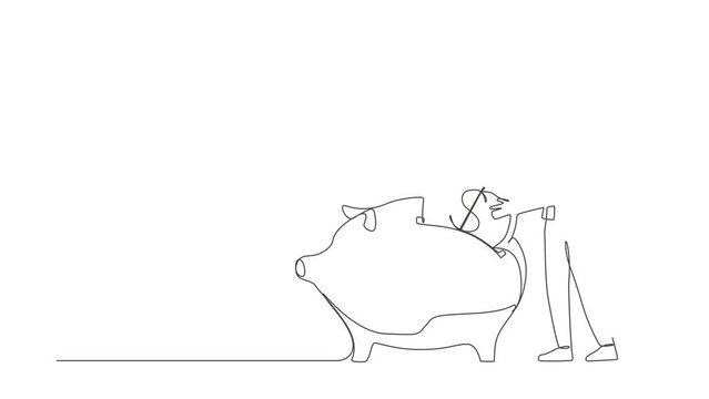Animated self drawing of continuous line draw businesswoman putting dollar coin into piggy bank. Money savings, personal investment, finance, funding, bank deposit. Full length one line animation