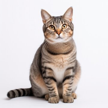 a tabby cat with orange eyes looking up on a white background generative ai