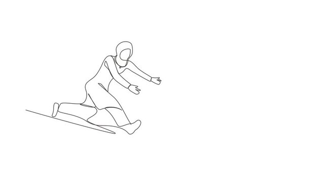 Animated self drawing of continuous line draw Arabian businesswoman chasing money bag dollar run away. Concept of achieving goals, striving success, running for money. Full length one line animation