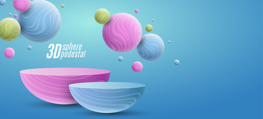 Podium with dynamic 3d spheres textured with striped pattern to showcase your product. Pedestal with colorful flying bubbles. Abstract scene to showcase your product. Vector illustration.