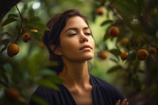Serene portrait of a woman meditating in a peaceful jaboticaba orchard, generative ai