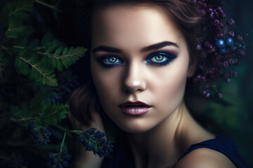 Naklejka premium stunning portrait of a woman with a bilberry-inspired makeup look, featuring deep blues and purples, generative ai