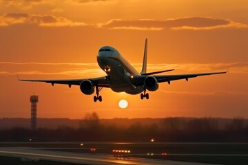 Fototapeta na wymiar Passenger plane is in a wonderful sunrise background