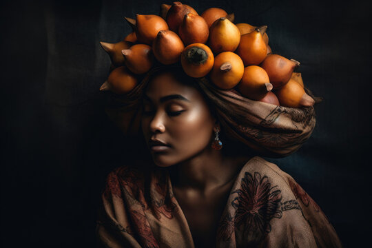 stunning portrait of a woman with a vibrant sapodilla fruit as a headpiece, representing the fruit's exotic beauty and unique shape, generative ai