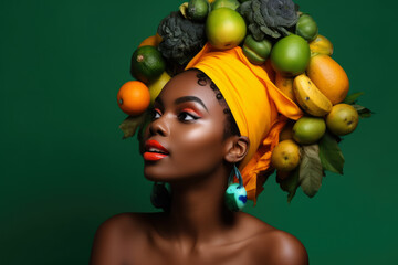 Fototapeta na wymiar Woman with a Pummelo Fruit in Her Hair and Vibrant Makeup, generative ai
