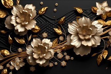 3d mural floral wallpaper. golden and black flowers and leaves. 3d render background wall decor, generate ai