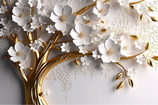 3d wallpaper floral tree background with white flower leaves and golden stem. interior wall home decor, generate ai