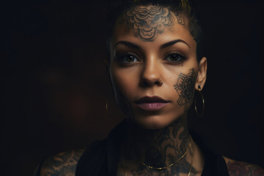 Bold portrait of a woman with a jaboticaba-inspired tattoo and piercing gaze, generative ai