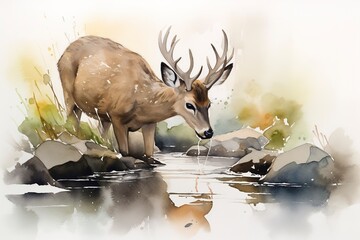 Create a serene painting of a deer drinking from a stream. watercolor painting, beautiful natural forms, crisp clean shapes, colorful, white background, generate ai