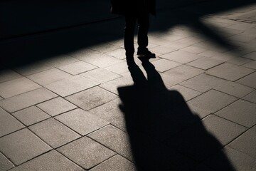 Dark shadow of a lonely person on the ground in the street. Stranger with a cigarette. Anxiety, depression, loneliness, fear concept, generate ai