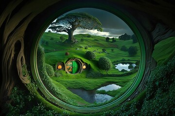 Concept art illustration of hobbit house, generate ai
