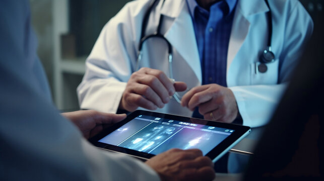 A physician uses a tablet to show a patient his medical analysis. .Generative AI