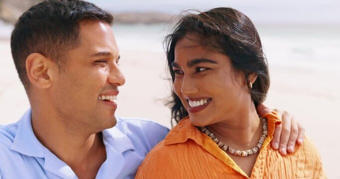 Couple, beach selfie and smile on face for vacation with happiness, love and profile picture for social media. Indian woman, man and photography with portrait, happy and holiday by ocean in summer