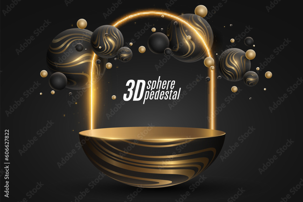 Aufkleber stylish elegant podium with dynamic 3d spheres textured with golden striped pattern. glowing sparkli