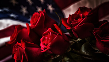red rose petals with american flag