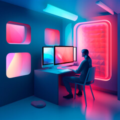 stylized 3D illustration of designer's workspace with computer in home office. AI generated