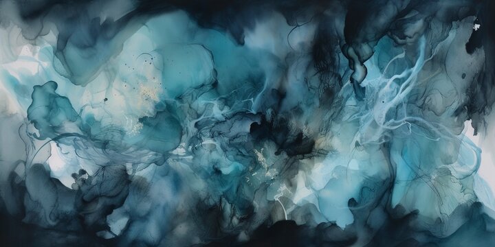 Colorful blue and green smoke gradient on dark background, generate ai