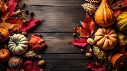 Top View of Thanksgiving day banner design of a collection of pumpkins and other vegetables on brown wood table background