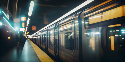 A blurred image of a vibrant subway station at night, showcasing the energy and fast-paced nature of urban life.  Generative AI