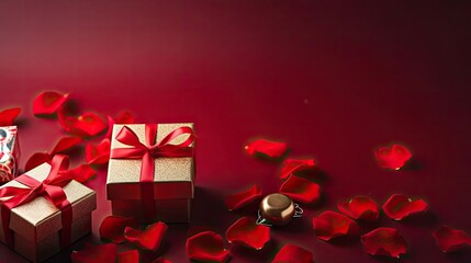 Valentine day banner design of a collection of Gift box and red flowers on red background