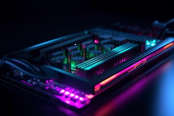 High-performance graphics card with cyberpunk coolers, motherboard background, generative ai