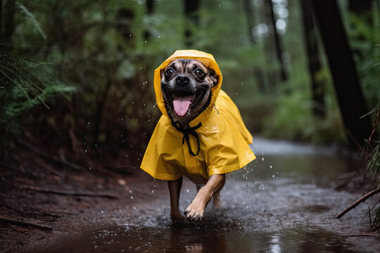 a dog wearing a yellow raincoat running through a stream in the woods with its tongue sticking out to it's mouth. Generative Ai