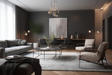 Naklejka na ściany i meble Moody luxurious modern living room interior with black accent wall natural organic furniture minimal styled furniture and art made with Generative Ai