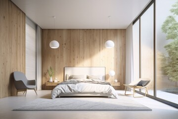 Beautiful bright sunny Scandinavian Japandi minimal modern primary bedroom interior with organic furniture bedding with art mockup made with Generative Ai