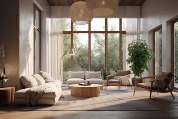 Bright spacious calm boho Scandinavian slow living living room interior with professionally styled organic  furniture with garden nature views Made with Generative Ai - obrazy, fototapety, plakaty