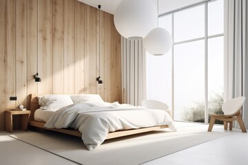Fototapeta na wymiar Amazing beutodaul natural Scandinavian modern boho primary bedroom with organic sustainable wood styled furniture Made with Generative Ai