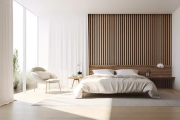 Fotobehang Amazing beutodaul natural Scandinavian modern boho primary bedroom with organic sustainable wood styled furniture Made with Generative Ai © Christian
