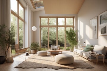 Fototapeta premium Cozy Beautiful bright mid century modern farmhouse with sustainable wood accents windows and garden spring summer views Made with Generative Ai