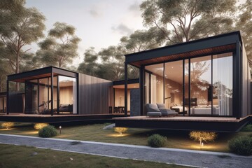 Modular modern residential exterior at twilight during summer made with Generative Ai