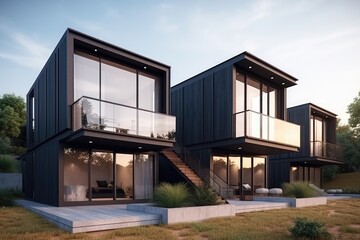 Modular modern residential exterior at twilight during summer made with Generative Ai