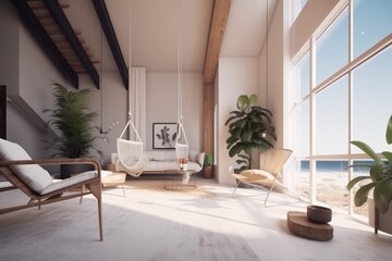 Oceanfront Beach Property with Modern Interior Living Room and Beach Views Made with Generative AI