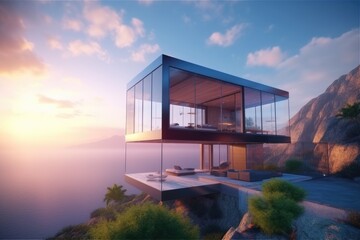 Unique Beautiful Travel Destination with Amazing Cliffside Views with a Purple Sunset on the Ocean Coast Made with Generative AI
