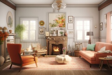 Fototapeta na wymiar Cute Warm Cottage Modern Interior with Wood Mantle Fireplace and Fun Cute Furniture and Decor Made with Generative AI
