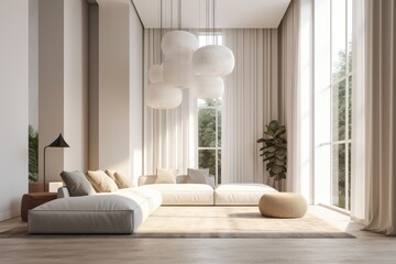 Luxurious Modern Living Room Interior with Paper Pendant Lights Made with Generative AI