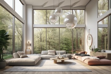 Beautiful Luxury Summer Commercial Family Room Mockup with Styled Home Decor and Stunning Light Fixture Made with Generative AI