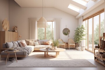 Sunny Light Coastal Living Room Mockup Interior with Straw Pendant Light Made with Generative AI