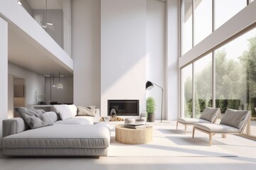 Relaxed Summer Luxury Modern Open Concept Living Room with High Ceilings and Fireplace Made with Generative AI