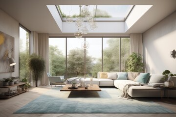 Decorated Living Room Modern Interior with Open Concept Skylight and Light Sofa Made with Generative AI