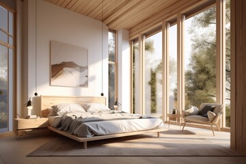 Fototapeta na wymiar Clean Sunny Bedroom Interior with Beige Style and Wall Art with Wood Accents Made with Generative AI