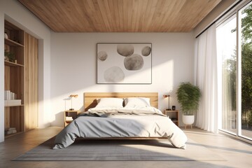 Cozy Minimal Bedroom Interior Mockup with Wood Accent Ceiling and Styled Bookshelves Made with Generative AI