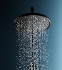 Image of a modern shower head splashing water,close up background