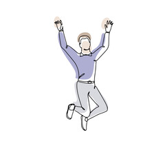 Single line drawing of jumping man with abstract shapes. Linear hand drawn doodle on white background