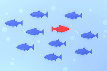 Obraz na płótnie Canvas 3D image of a red fish running backwards among many blue fish